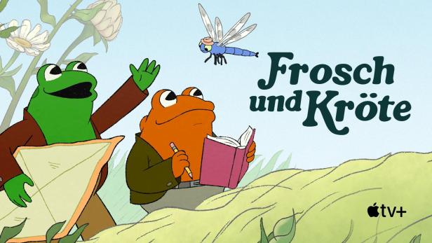 Illustration von Frosch und Kröte mit einer Libelle über ihnen.