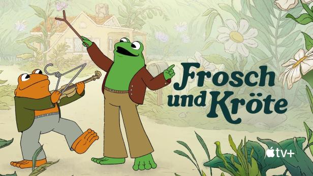 Eine Zeichentrickdarstellung von Frosch und Kröte, wobei der Frosch mit einem Kleiderbügel Geige spielt.