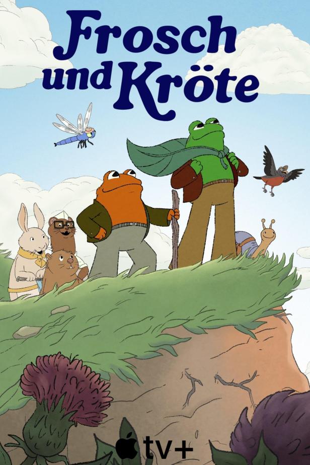 Das animierte Poster für „Frosch und Kröte“ zeigt die beiden Hauptfiguren mit ihren Freunden in der Natur.
