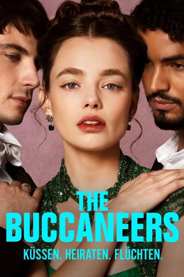 Das Filmplakat für „The Buccaneers“ zeigt eine Frau zwischen zwei Männern.