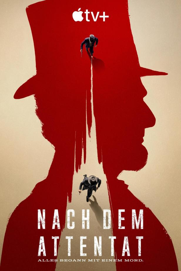 Das Poster für „Nach dem Attentat“ zeigt eine rote Silhouette und zwei Männer mit Waffen.