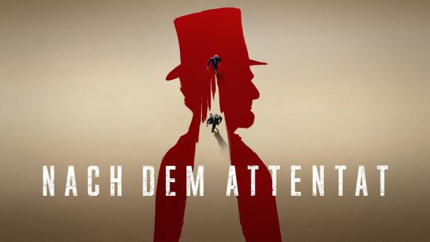 Das Filmplakat für „Nach dem Attentat“ zeigt eine rote Silhouette eines Mannes mit Zylinder und zwei rennende Figuren.