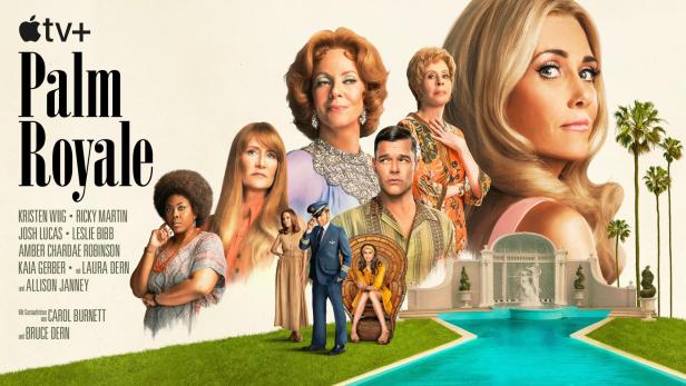 Das Poster zur Apple TV+ Serie „Palm Royale“ zeigt die Hauptdarsteller vor einer Poollandschaft.