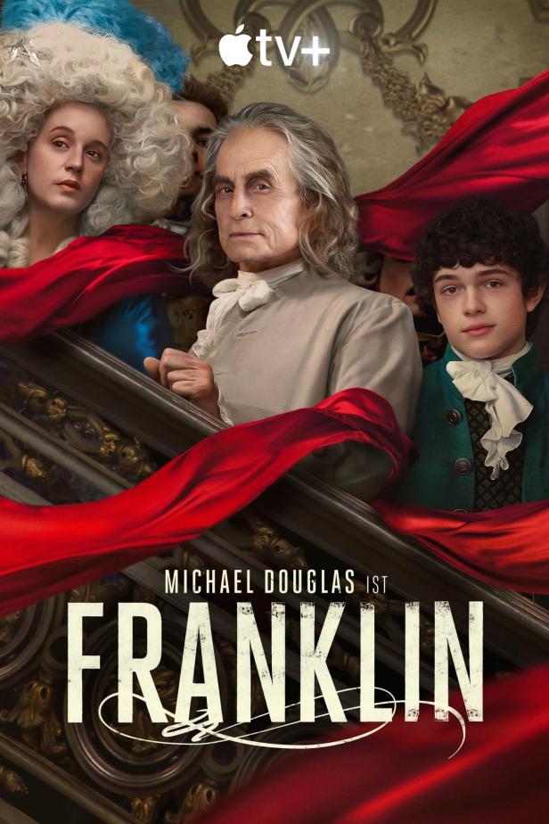 Das Filmplakat für „Franklin“ zeigt Michael Douglas mit zwei weiteren Darstellern auf einer Treppe.