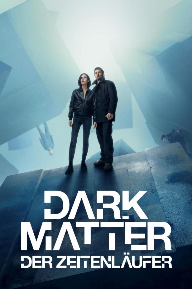Das Filmplakat für „Dark Matter: Der Zeitenläufer“ zeigt zwei Personen auf einer Plattform.