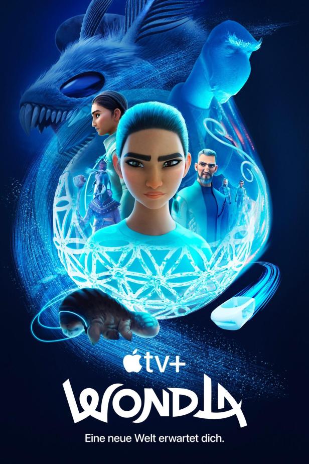 Das Poster für „WondLa“ auf Apple TV+ zeigt eine futuristische Welt mit verschiedenen Charakteren.