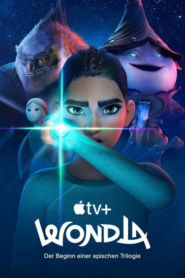 Das animierte Filmplakat für „WondLa“ zeigt eine junge Frau mit erhobenem Arm, umgeben von fantastischen Kreaturen.
