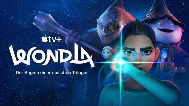 Das animierte Poster für „WondLa“ zeigt die Hauptfigur und andere Charaktere vor einem sternenklaren Hintergrund.