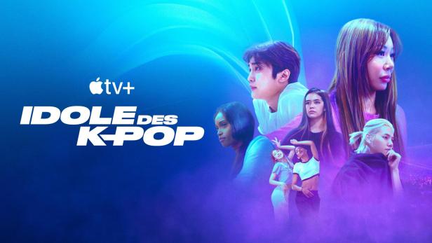 Das Werbeplakat für die Apple TV+ Serie „Idole des K-Pop“ zeigt mehrere junge Künstler.