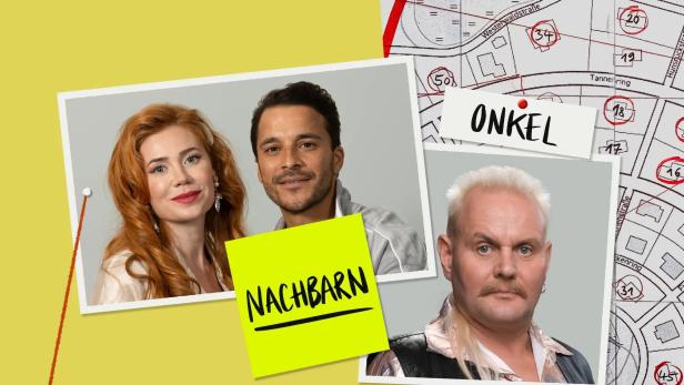 Collage mit Fotos von Nachbarn, einem Onkel und einem Stadtplan.