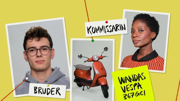 Eine Übersicht mit Fotos von „Wandas Vespa 367GCI“, ihrem Bruder und der Kommissarin.