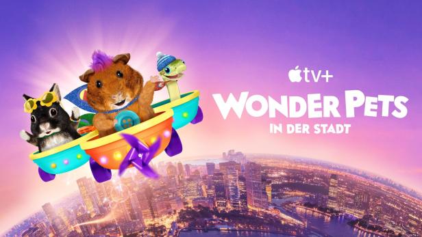 Die Wonder Pets fliegen in ihren Raumschiffen über eine Stadt, Logo der Serie im Hintergrund.