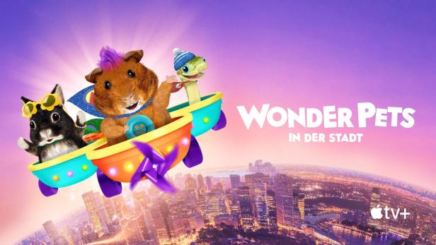 Die Wonder Pets fliegen in einem selbstgebauten Flugzeug über eine Stadt.