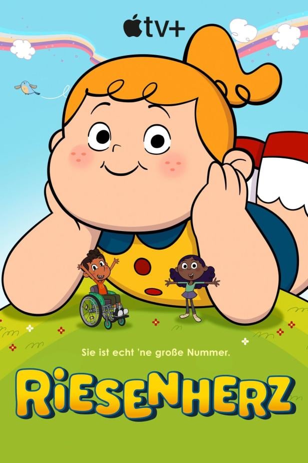 Das animierte Poster für „Riesenherz“ zeigt ein großes Mädchen mit zwei kleinen Freunden.