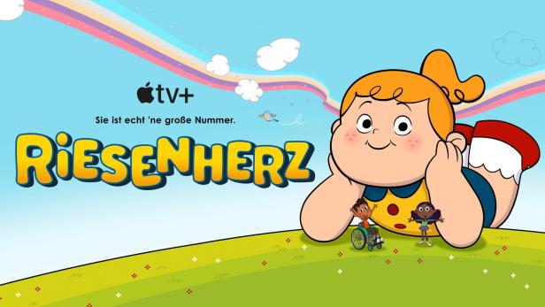 Das Logo für die Apple TV+ Serie „Riesenherz“ mit einer großen Zeichentrickfigur und zwei kleineren Kindern.