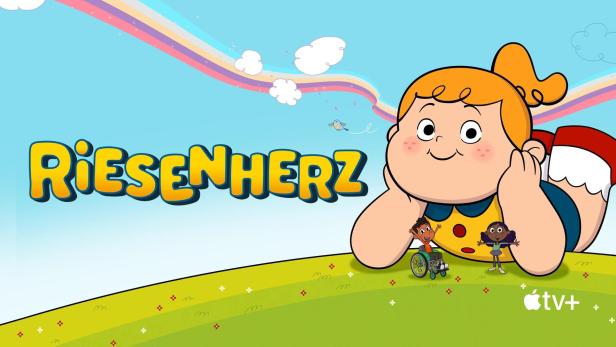 Das animierte Logo für „Riesenherz“ mit einer großen, freundlichen Figur und zwei kleineren Kindern.