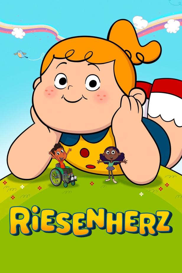 Eine Zeichentrickfigur liegt auf dem Bauch, darunter sind zwei kleinere Kinder und der Titel „Riesenherz“ zu sehen.