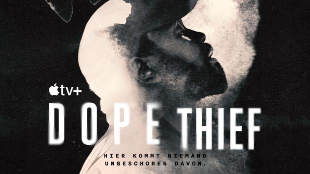 Das Keyart für „Dope Thief“ auf Apple TV+ zeigt das Gesicht eines Mannes im Gegenlicht.
