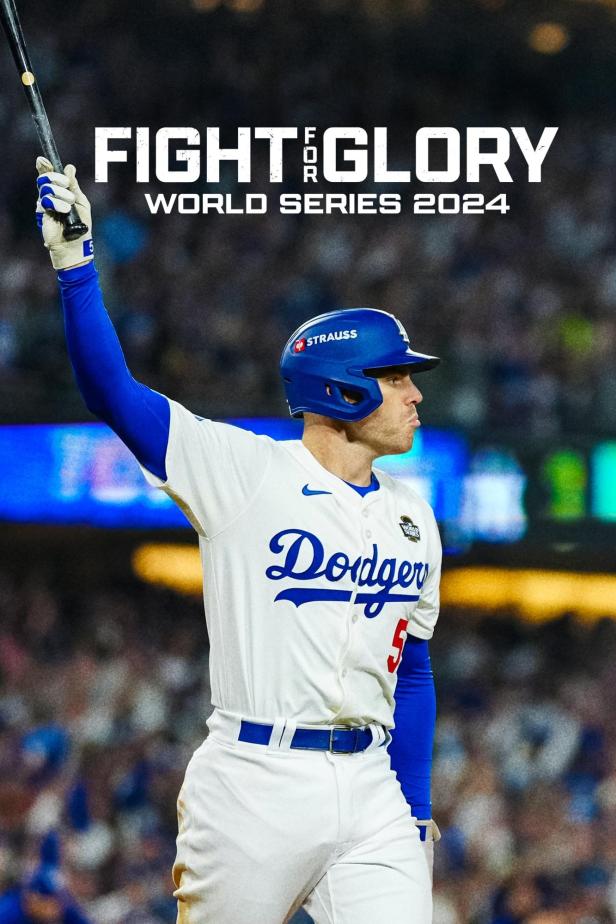 Ein Baseballspieler der Los Angeles Dodgers feiert mit erhobenem Schläger den Gewinn der World Series 2024.