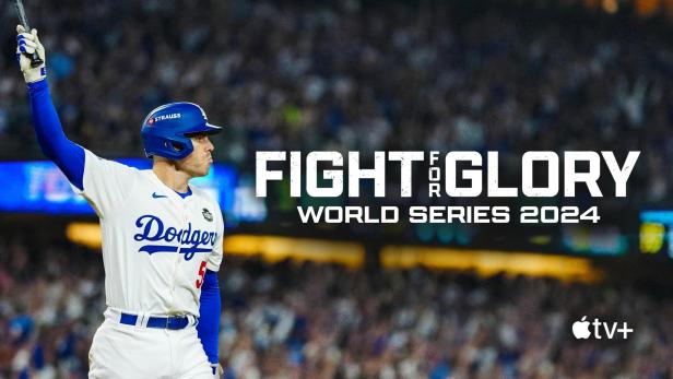 Ein Baseballspieler der Dodgers feiert vor dem Schriftzug „Fight for Glory World Series 2024“.