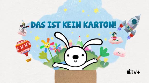 Illustration für die Kindersendung „Das ist kein Karton!“ mit einem Hasen in einem Karton.