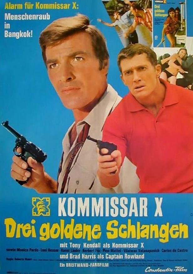 Das Filmplakat für „Kommissar X – Drei goldene Schlangen“ zeigt Tony Kendall mit einer Pistole.