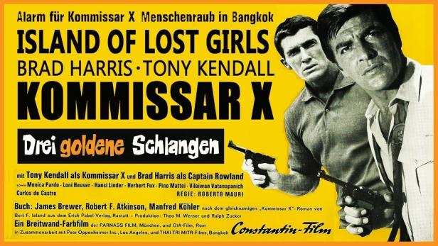 Filmplakat für „Kommissar X – Drei goldene Schlangen“ mit Brad Harris und Tony Kendall.