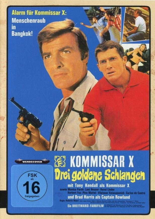 Das Filmplakat für „Kommissar X – Drei goldene Schlangen“ zeigt Tony Kendall und Brad Harris mit Pistolen.
