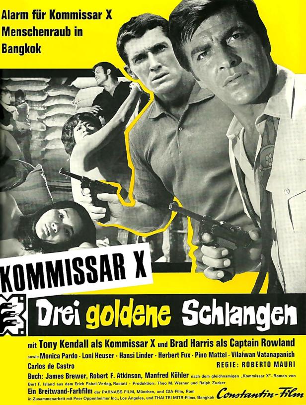 Das Filmplakat für „Kommissar X – Drei goldene Schlangen“ zeigt Tony Kendall mit einer Waffe.