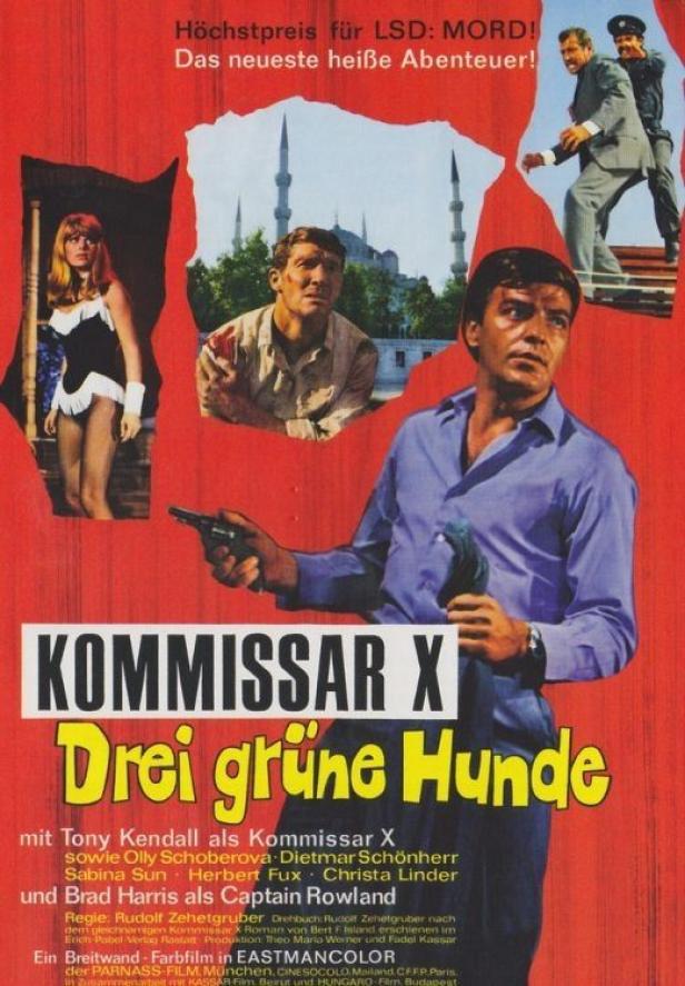 Das Filmplakat zu „Kommissar X – Drei grüne Hunde“ zeigt Tony Kendall mit einer Waffe.