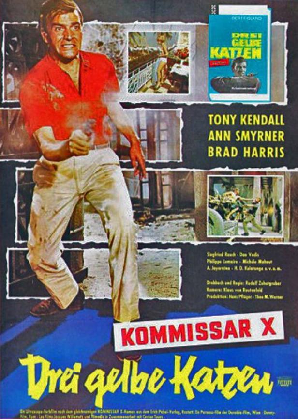 Ein Filmposter für „Kommissar X – Drei gelbe Katzen“ mit Tony Kendall, der eine Waffe abfeuert.