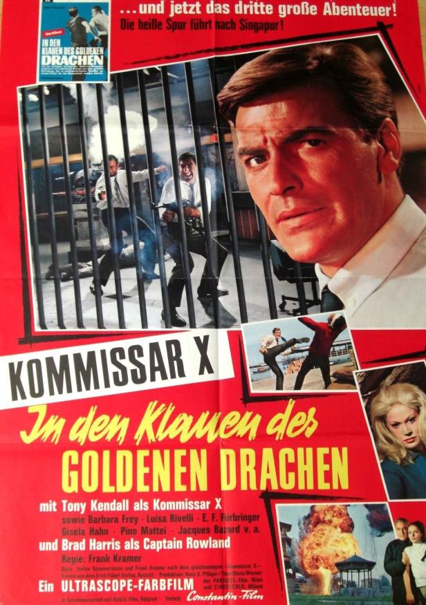 Das Filmplakat zu „Kommissar X – In den Klauen des goldenen Drachen“ zeigt Tony Kendall und Actionszenen.