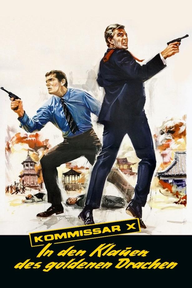 Das Filmplakat für „Kommissar X – In den Klauen des goldenen Drachen“ zeigt zwei bewaffnete Männer vor asiatischer Kulisse.