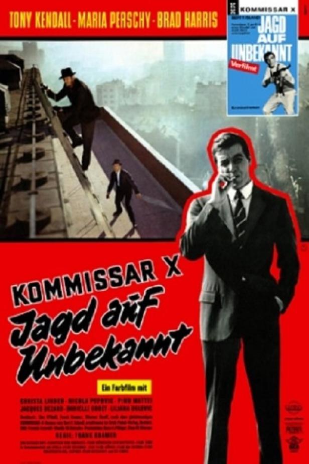Das Filmplakat für „Kommissar X – Jagd auf Unbekannt“ zeigt zwei Männer auf einem Dach und einen Mann im Anzug.