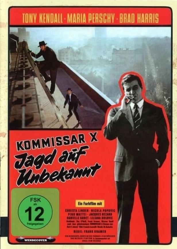 Das Filmplakat für „Kommissar X – Jagd auf Unbekannt“ zeigt Tony Kendall mit Zigarette.