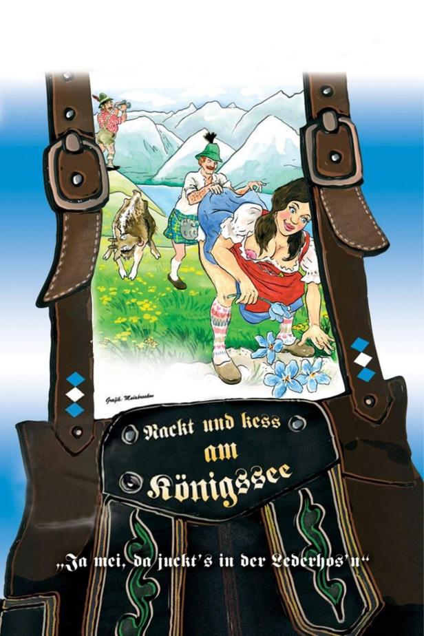 Eine humorvolle Illustration mit einer Frau in Tracht am Königssee, gesehen durch eine Lederhose.