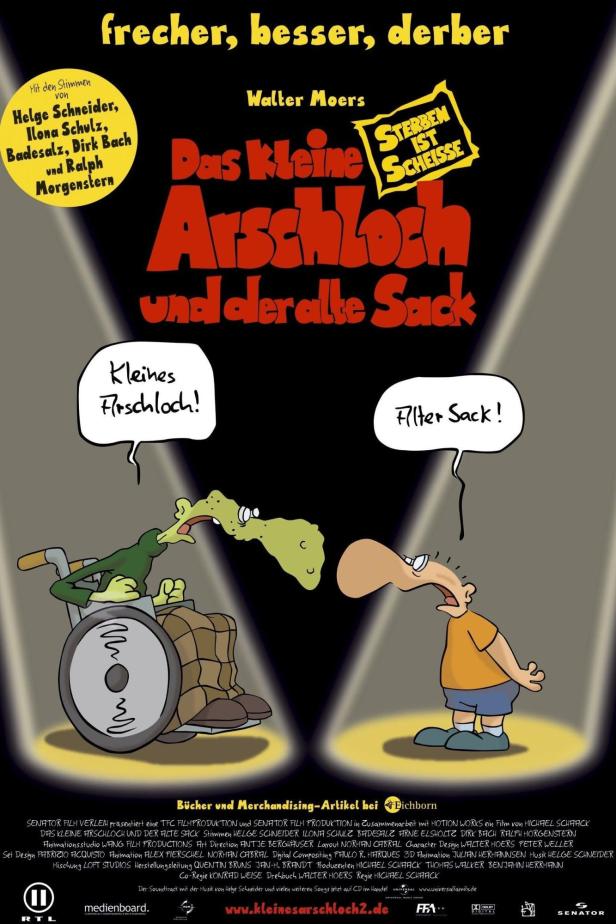 Das Cover des Films „Das kleine Arschloch und der alte Sack“ zeigt zwei Comicfiguren.