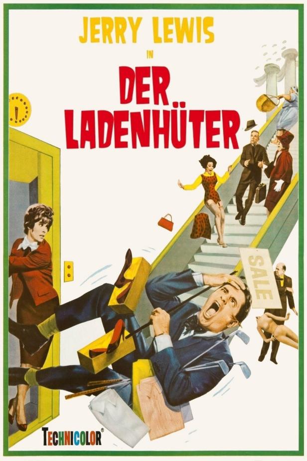 Das Filmplakat für „Der Ladenhüter“ mit Jerry Lewis, der von einer Rolltreppe stürzt.