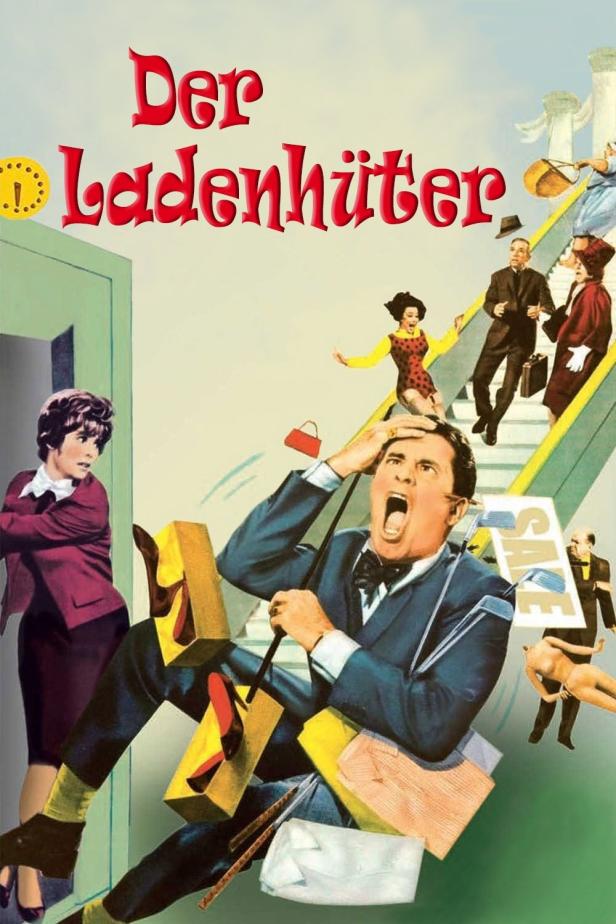 Ein Mann stürzt auf einer Rolltreppe, umgeben von Einkäufen, auf dem Cover von „Der Ladenhüter“.