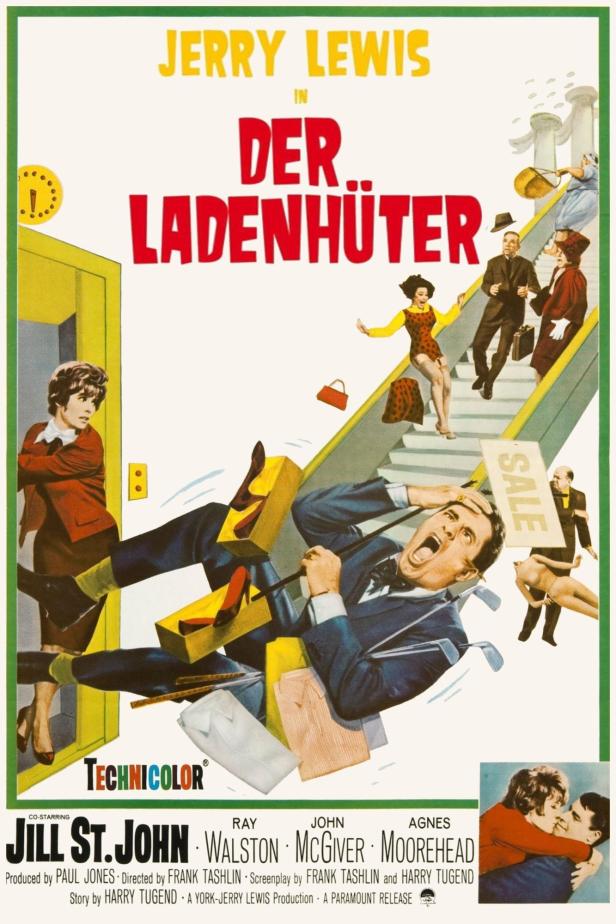 Das Filmplakat für „Der Ladenhüter“ mit Jerry Lewis in einer chaotischen Kaufhausszene.