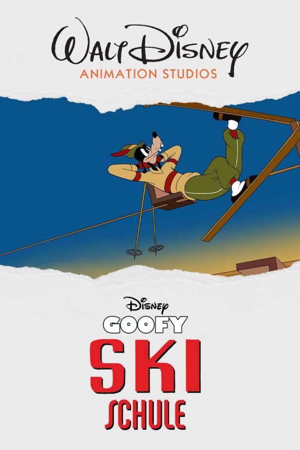 Das Filmplakat für „Goofy Ski Schule“ zeigt Goofy entspannt auf einem Skilift.