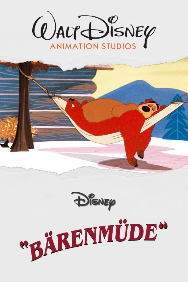 Ein Bär schläft in einer Hängematte vor einer verschneiten Landschaft, Titel „Bärenmüde“.