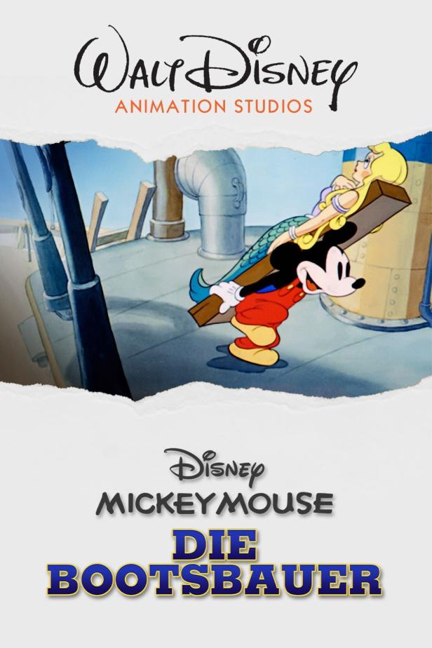 Micky Maus trägt eine Meerjungfrau auf einem Brett in „Die Bootsbauer“.