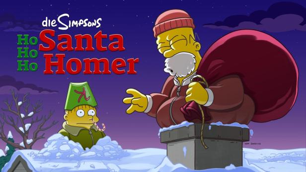 Homer Simpson als Weihnachtsmann mit Bart und Sack auf einem Dach, während Ralph Wiggum daneben steht.