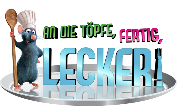Das Logo für Disney „Ratatouille“ mit der Aufschrift „An die Töpfe, fertig, lecker!“.