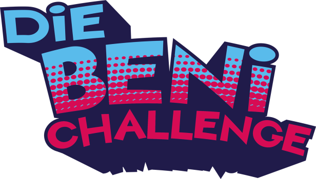 Das Logo für „Die Beni Challenge“ in Blau und Pink auf dunklem Hintergrund.