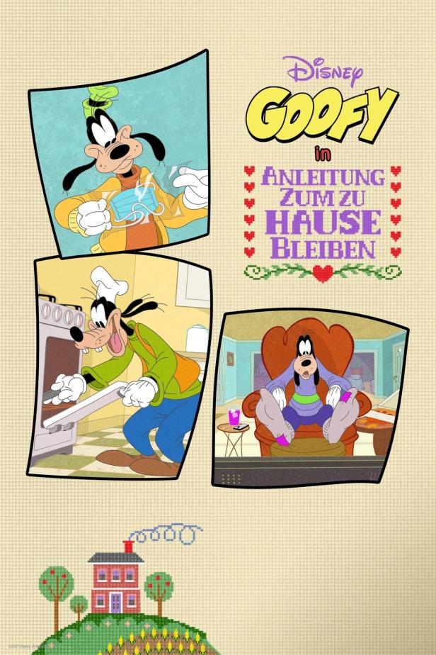 Eine Collage mit Goofy, die „Anleitung zum Zuhause bleiben“ zeigt.