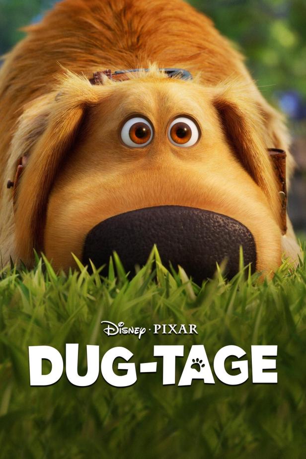 Das Filmplakat für „Dug-Tage“ zeigt Dugs Gesicht im Gras.