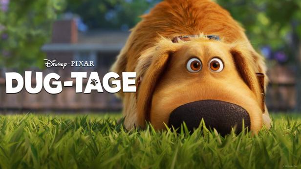 Der animierte Hund Dug liegt im Gras.