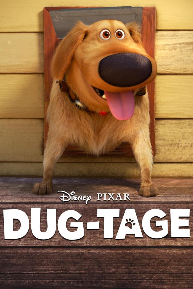 Der animierte Hund Dug schaut durch eine Hundeklappe.